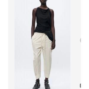 NEW ZARA Pants BALLOON TROUSERS Ecru Light Beige Crop Baggy Drawstring Size XS